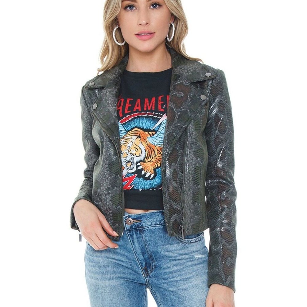 Snakeskin Faux Leather Moto Jacket